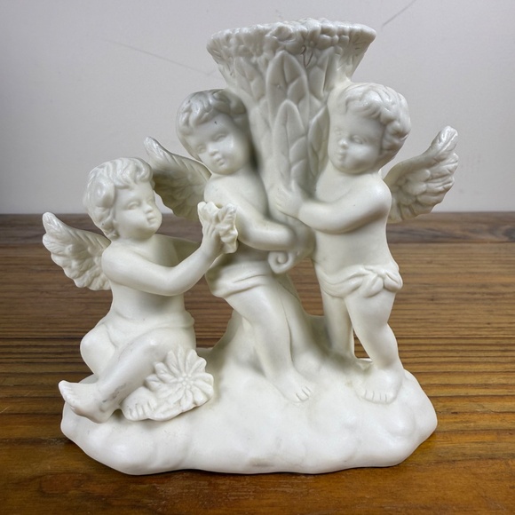 Vintage Cherub Trio Candle Holder | White Bisque Porcelain Angel Figurine - Picture 7 of 13